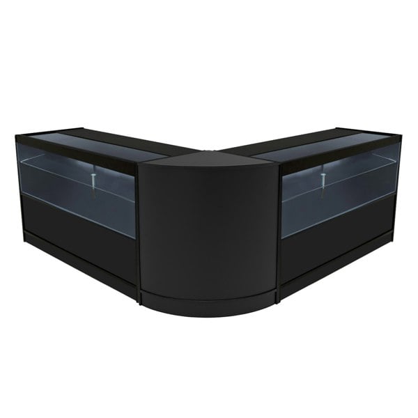 Black Selene LED shop counter set featuring a sleek, modern design with glass display sections and a curved shape for retail spaces