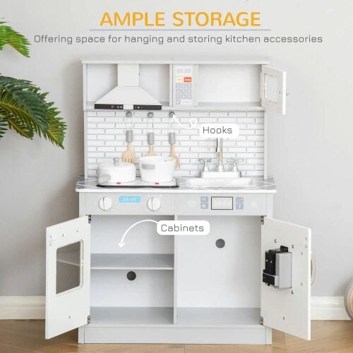 Bobobiy Kids Wooden Toy Kitchen Pretend Play Cooking Playset with Sound & Light Effect, Marble Pattern Countertop, for 3-6 Years Old