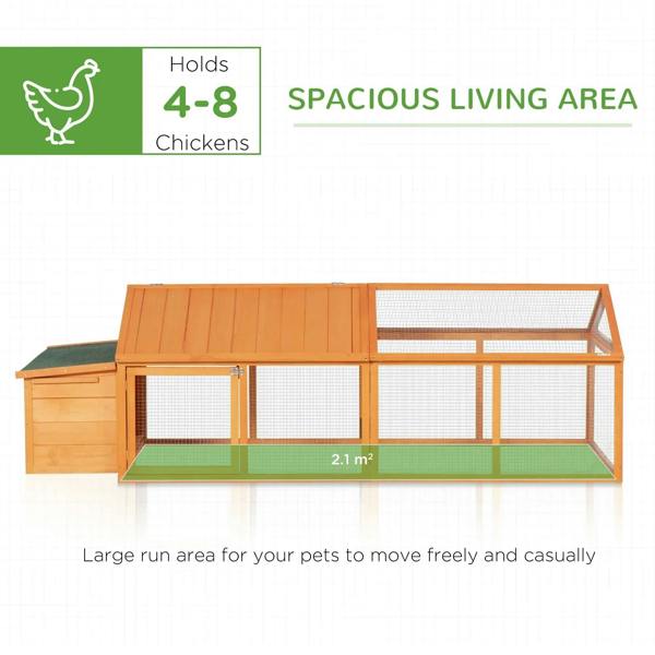 Orange wooden chicken coop with wire-mesh front and green base platform.