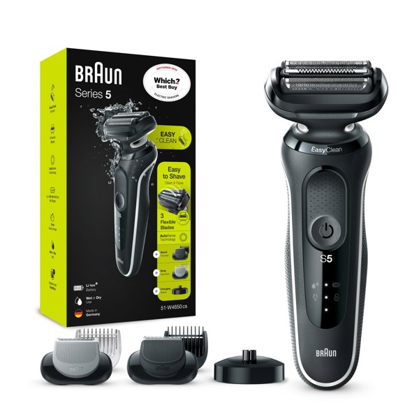 Braun Series 5 50-W4650cs Electric Shaver With 2 EasyClick Attachments, Charging Stand - Black/White