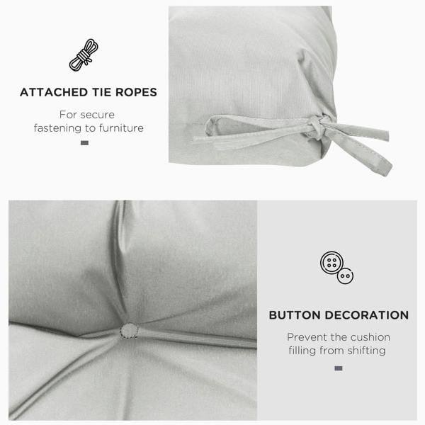 Light grey cushion with attached tie ropes and button tufting for filling security
