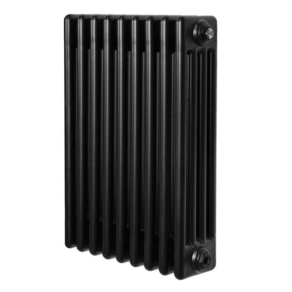 Traditional black 4 column radiator, 600 x 425mm, featuring a sleek, vertical design with smooth, glossy finish and ribbed texture