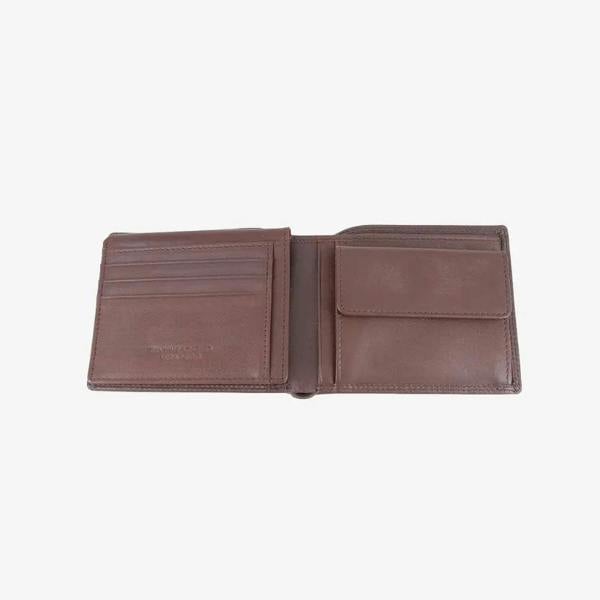 Dark Brown leather wallet open on a white background