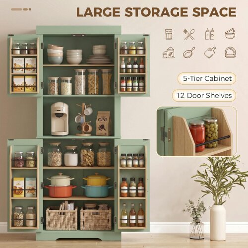 HOMCOM 183 cm Tall Kitchen Cupboard with Door Racks, Sage Green