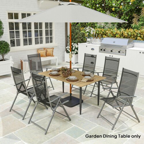 Wyld Haus Safafa 150cm Metal Brown Rectangular Garden Dining Table With Slatted Top And Parasol Hole