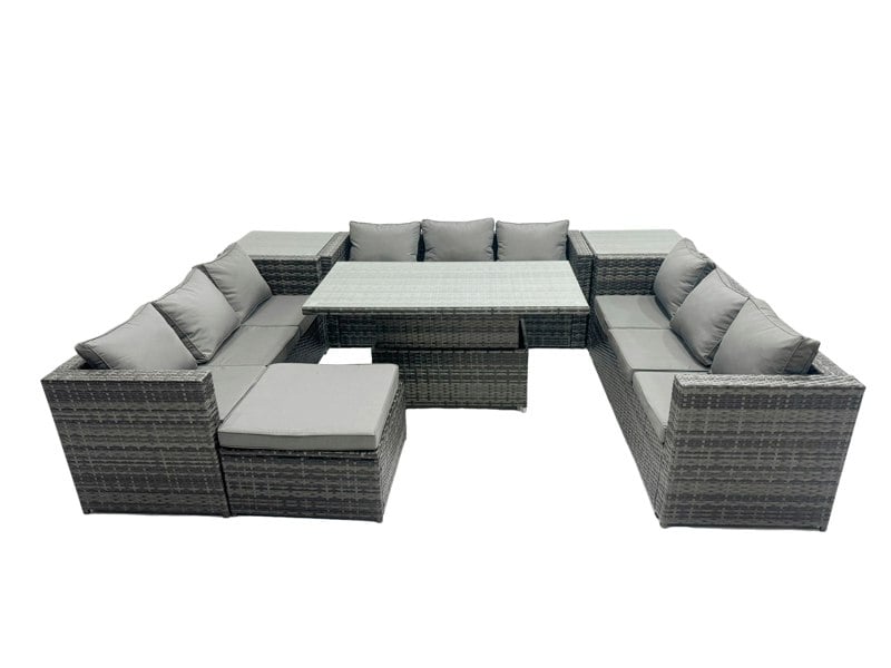 Fimous U Shape Rattan Gardern Furniture Dining Sofa Set Adjustable Rising Dining Table With 2 Side Coffee Table Extra Big Footstool