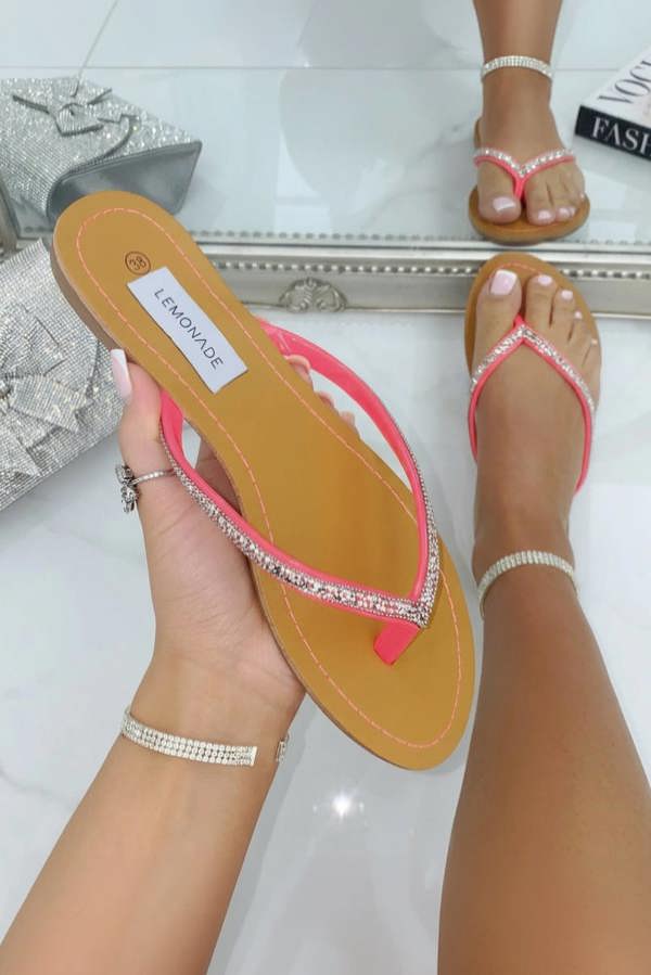 Love Lemonade Crystal Sparkle Flip Flops Neon Pink