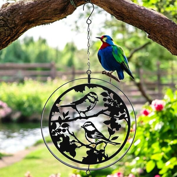 EDH Door Hardware Black Metal Blue Tit Orbit Spinner - Elegant Kinetic Silhouette Décor for Indoor  Outdoor Spaces