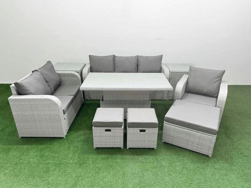 Fimous 9 Seater Wicker Lounge Set, Garden Furniture, Adj Height Table, Reclining Chair, Loveseat, 3 Seater Sofa, Stool and 2 Side Tables, Light Grey