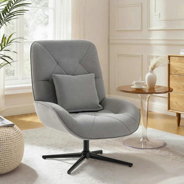 Accent Chair, Chenille Upholstered Swivel Armchair with Lumbar Pillow, High Back, Deep Seat and Metal Legs, Light Grey - Light Grey