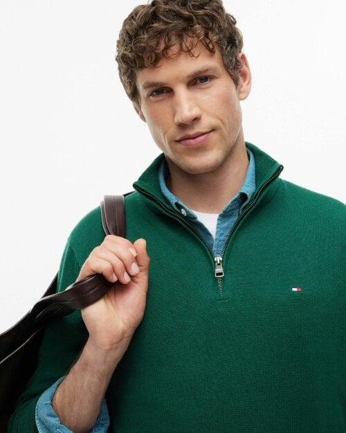 Tommy Hilfiger Organic Cotton Cashmere Mens Zip-Mock Sweater - Ornamental Green Heather