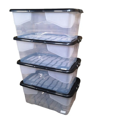 Samuel Alexander 4 x 42L Clear Storage Box with Black Lid, Stackable and Nestable Design Storage Solution