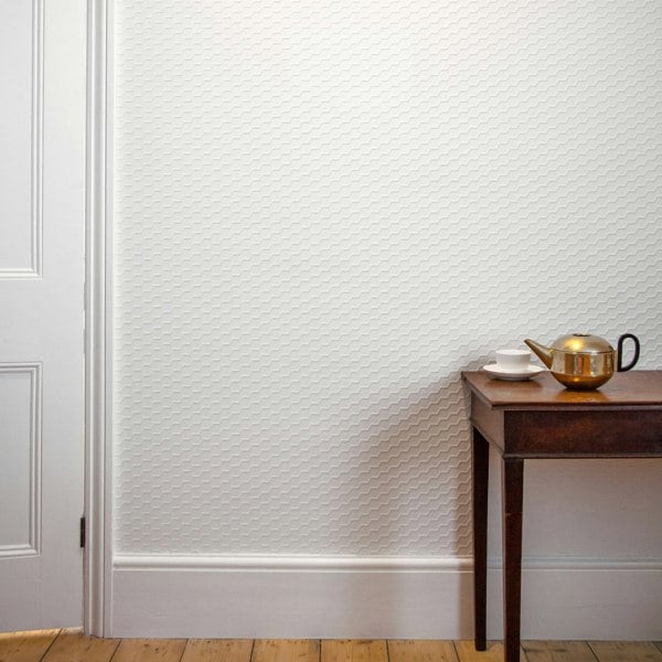BUZZ white flock wallpaper room, by Erica Wakerly