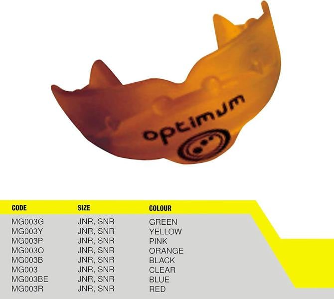 Orange Optimum Matrix mouthguard with black logo above size and colour code chart on yellow and white - Optimum