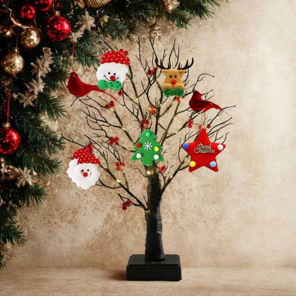 smartbies 60 LED Pre-Lit Birch Twig Tree with Birds & 10 Piece Christmas Pendant Set