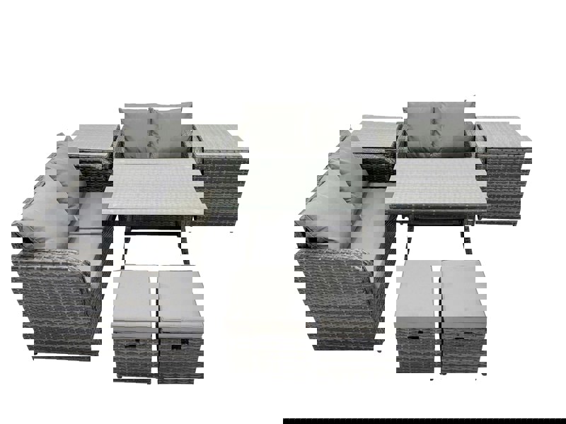 Fimous 6 Seater Garden Outdoor Rattan Furniture Set Rattan Sofa Oblong Dining Table with 2 Small Footstools 2 Side Table Dark Grey