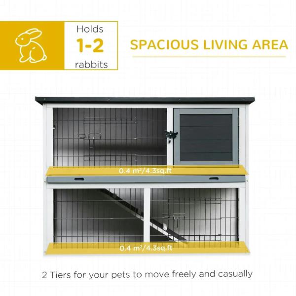 Grey two-tier wooden hutch with wire mesh compartments and large front access door