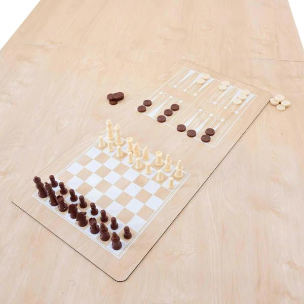 7-in-1 games table featuring a light oak finish, with chess and checkers set up on the smooth surface, ideal for family fun