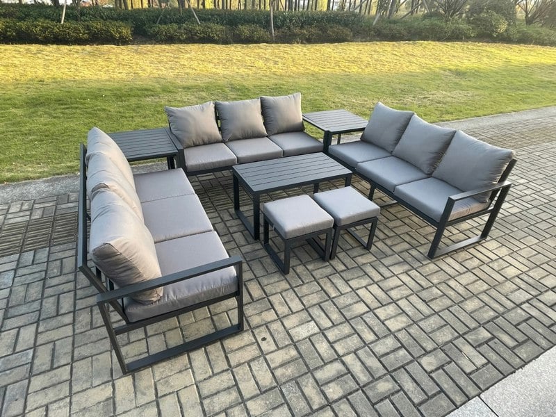Fimous Aluminium 11 Seater Outdoor Garden Furniture Set Sofa Oblong Coffee Table 2 PC Small Footstools 2 PC Side Table Sets with Cushions Dark Grey
