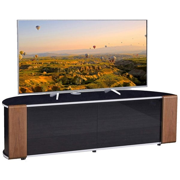 MDA Designs Sirius 1600 TV Cabinet Gloss Black Stand with BEAMTHRU Remote-Friendly Glass Door, Walnut/Oak Trims for TVs up to 70” TV