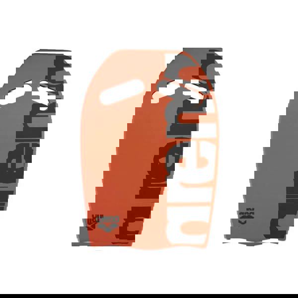 Arena orange kickboard with black logo, white handles, grip holes