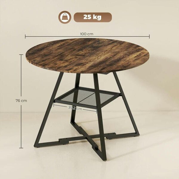 Dining Table for 4 People, 100 cm Round Industrial Kitchen Table with Storage Shelf, Rustic Brown