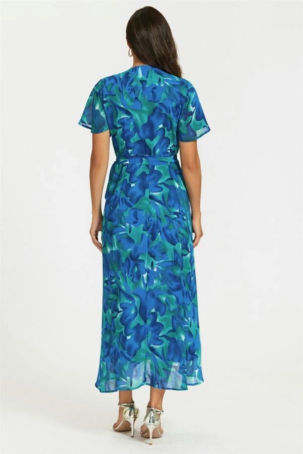 FS Collection Abstract Floral Print Wrap Maxi Dress In Blue