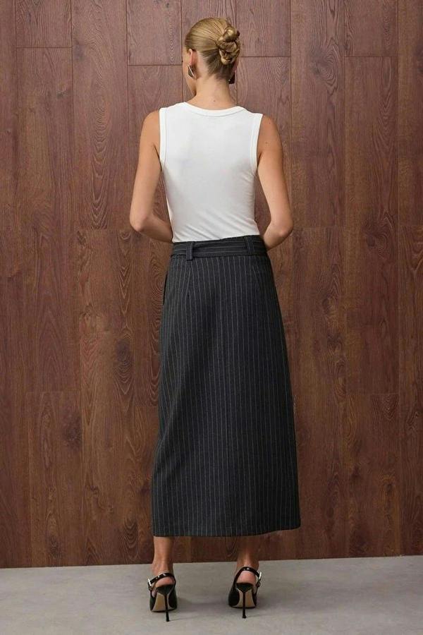 WOVCOR Striped Double-Breasted Woven Midi Skirt