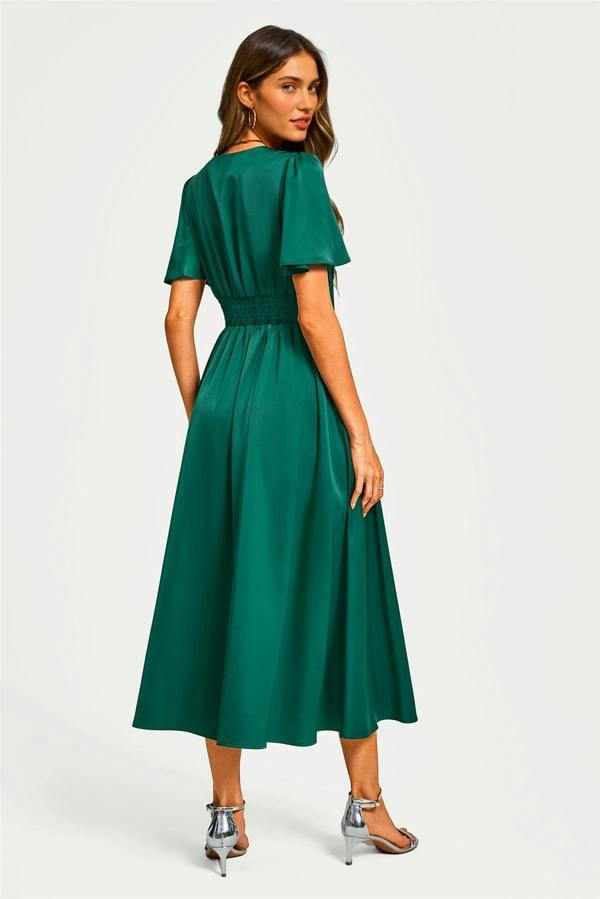 FS Collection Satin V neckline Button Detail Dress In Green