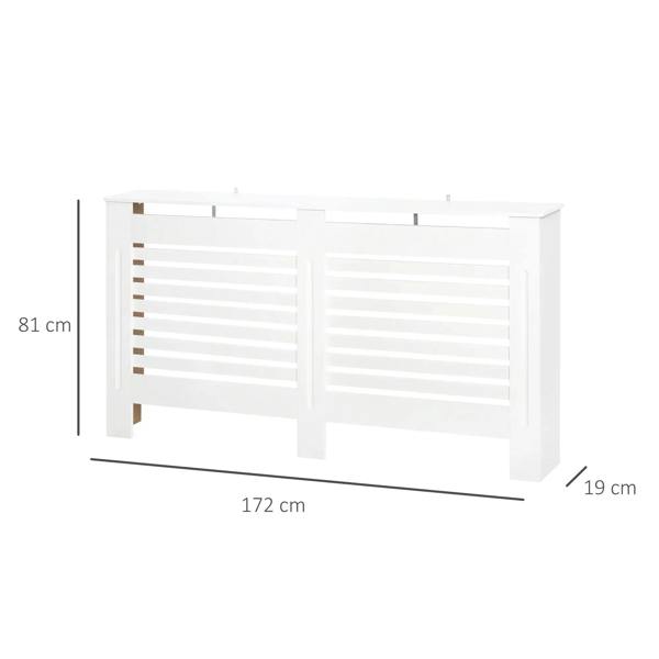 White MDF radiator cover cabinet with horizontal slat panels and open front vents.
