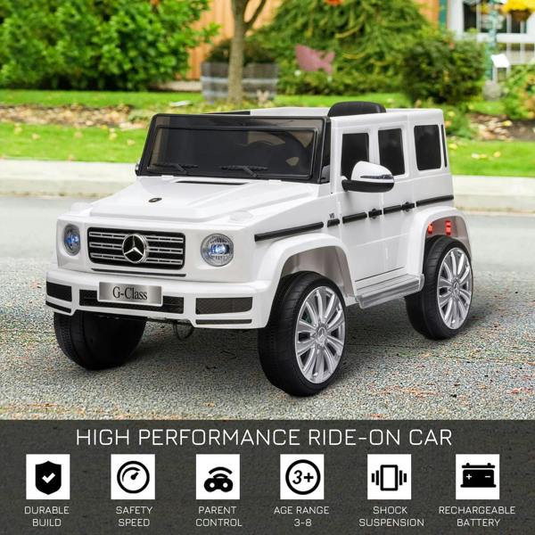 White kids electric ride-on car toy with working headlights, Mercedes-style front grille, and wheels