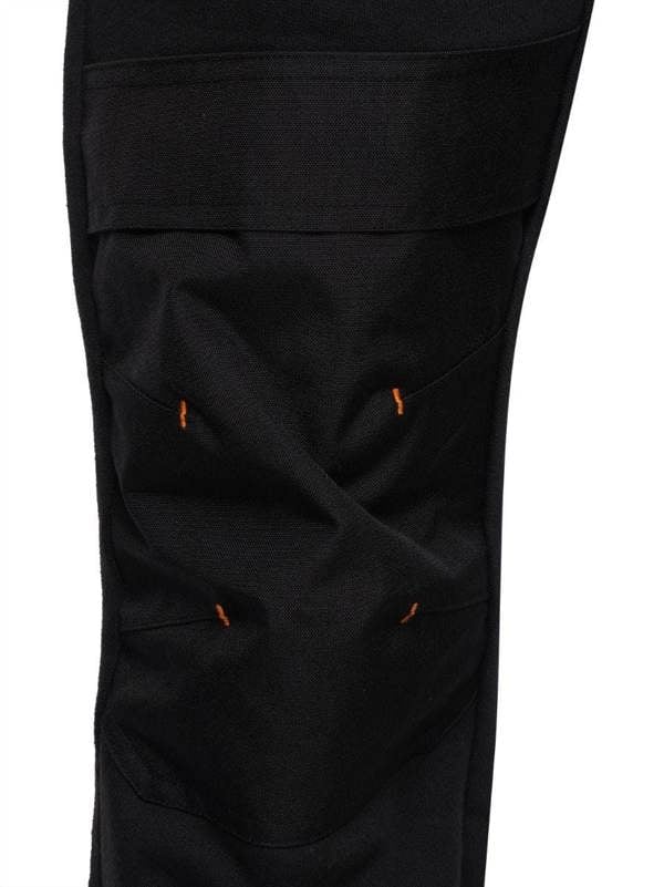 WorkTough Mens Cargo Stretch Fit Cordura Work Trouser Fleece Jogger, close-up view of black work trousers with multiple cargo pockets and orange stitching details.