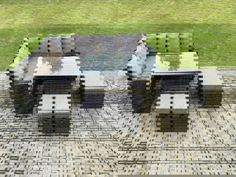 Fimous 9 Seater Garden Rattan Furniture Corner Dining Set with 3 Footstools Indoor Outdoor Lounge Sofa Set Dark Grey Mixed