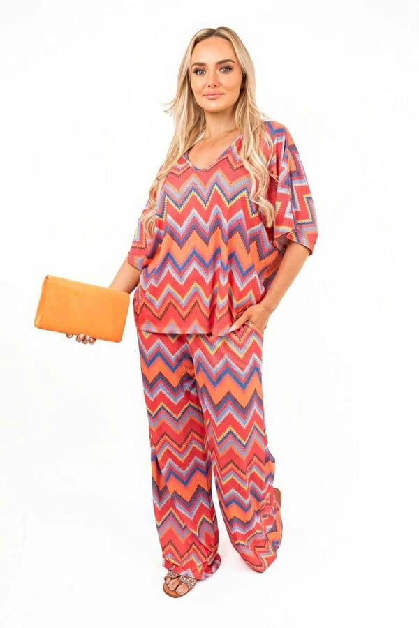 Reina Zigzag Print Top And Wide Leg Trousers Co-ord Set - Red