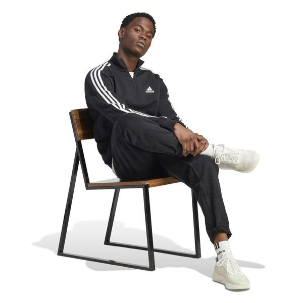 Adidas Mens 3 Stripes Quarter Zip Long-Sleeved Sweatshirt - Black/White - 
