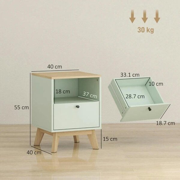 Modern Nightstand Set of 2, Bedside Table with Drawer and Open Shelf, Side End Table for Bedroom, Light Green