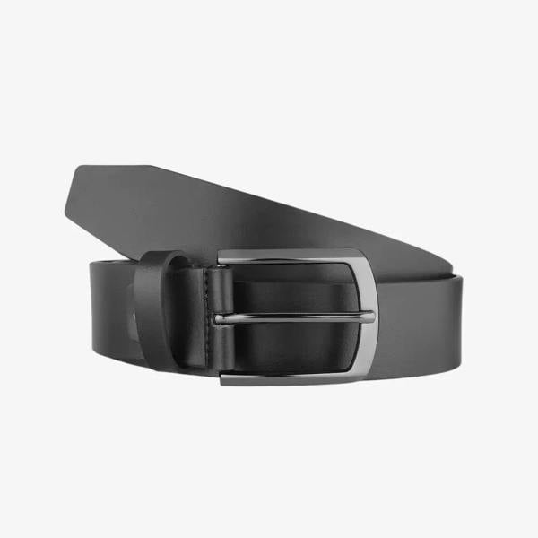 Front view of Black leather belt with a silver buckle on a light gray background