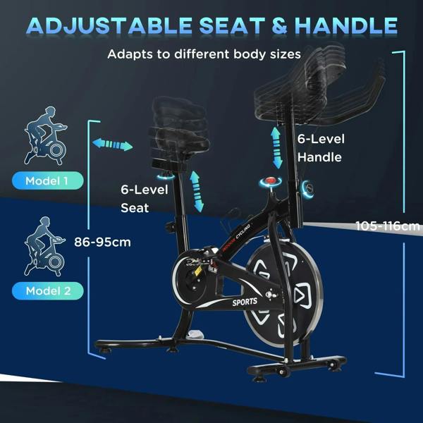 Black indoor exercise bike with adjustable seat and multi-level handlebar