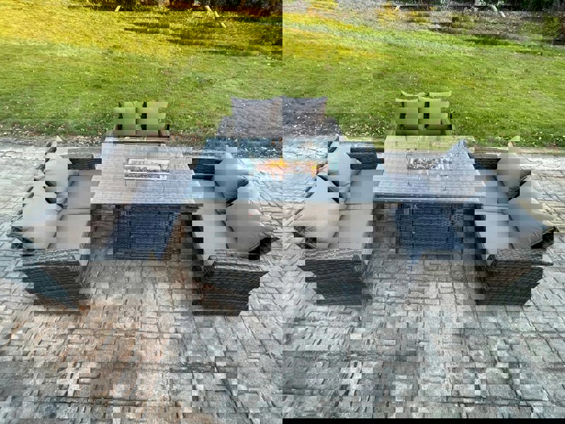 Fimous Outdoor Garden Dining Sets 6 Seater Rattan Patio Furniture Sofa Set with Gas Firepit Table Double Seat Sofa Dark Grey Mixed