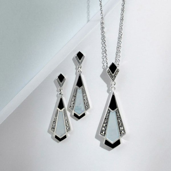 Gemondo Art Deco Style Cabochon Black Onyx, Mother of Pearl & Marcasite Drop Earrings in 925 Sterling Silver