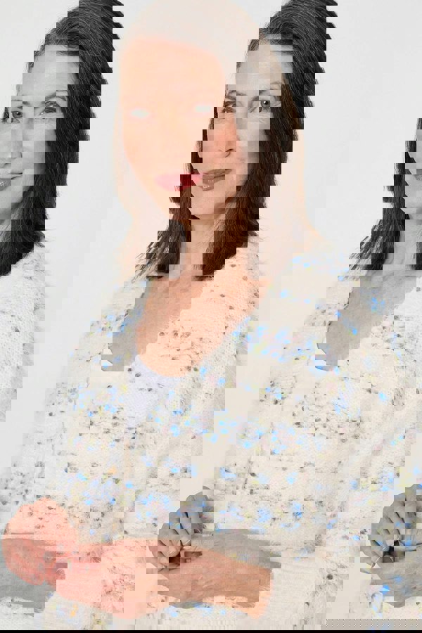 Blue | Printed Textured Knit Cardigan
