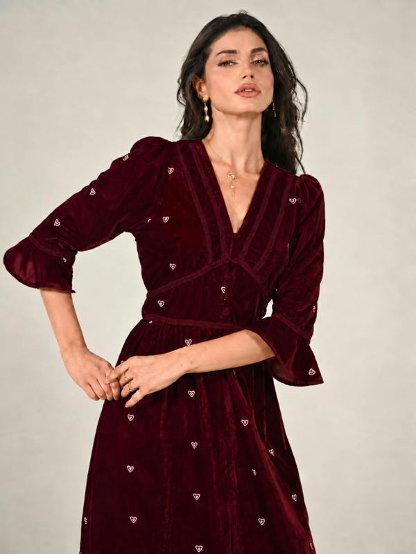 Rose & Nancy Giselle Burgundy Embroidery Velvet Midi Dress