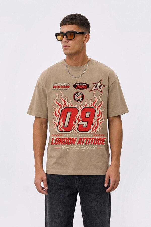 London Attitude Racing Oversized Heavyweight Graphic T-Shirt - Sand