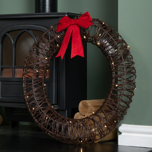 Samuel Alexander 50cm Battery Operated Light up Christmas Wreath with Red Bow & 40 Warm White LEDs