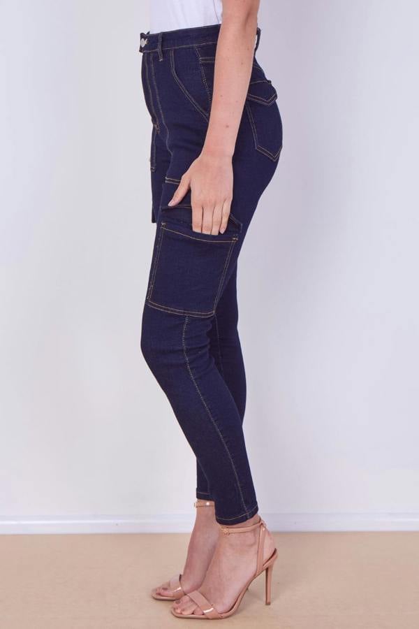 High Waist Cargo Skinny Jeans – Dark Indigo | 6 Pocket Stretch Denim