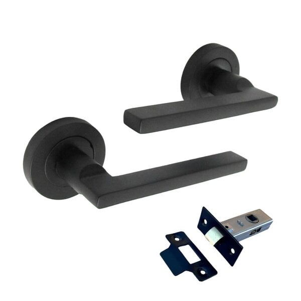 EDH Door Hardware Matt Black Modern Lever on Round Rose Door Handles – Handle Only or Handle + Tubular Latch - 1 Pair - Handles + 63mm Tubular Latch