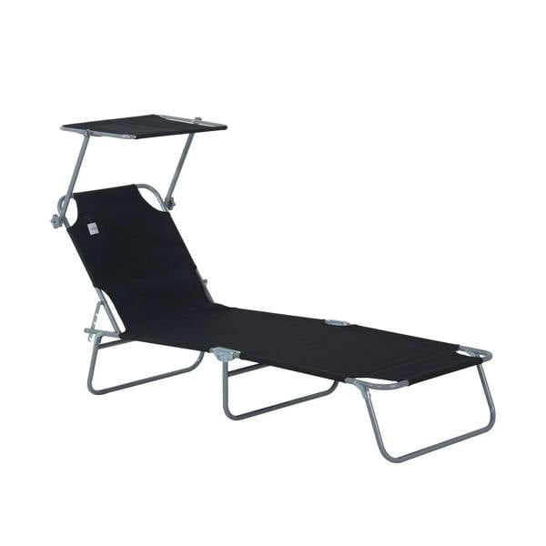 Black foldable sun lounger chair with adjustable backrest and sun shade awning