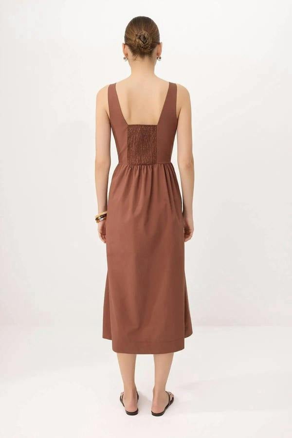 Square Neck Thick Strap Midi Dress with Corset Seam Detail