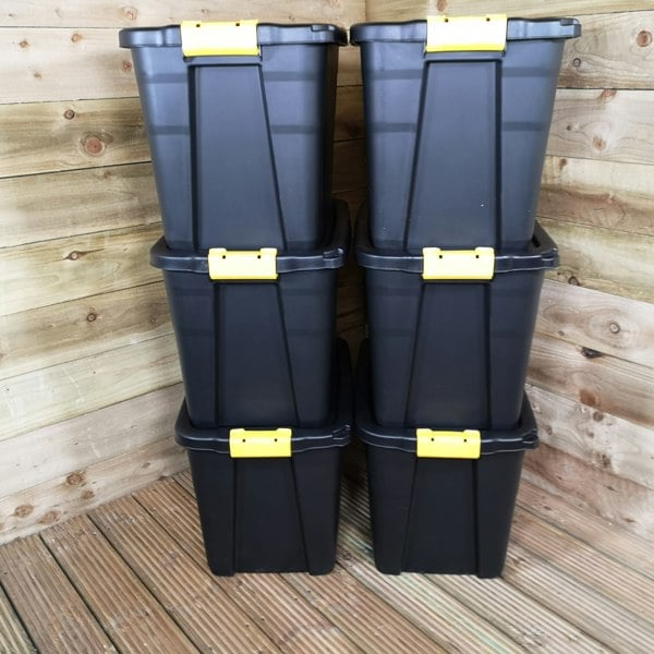 Samuel Alexander 6 x 60L Heavy Duty Storage Tubs Sturdy, Lockable, Stackable and Nestable Design Storage Chests with Clips in Black