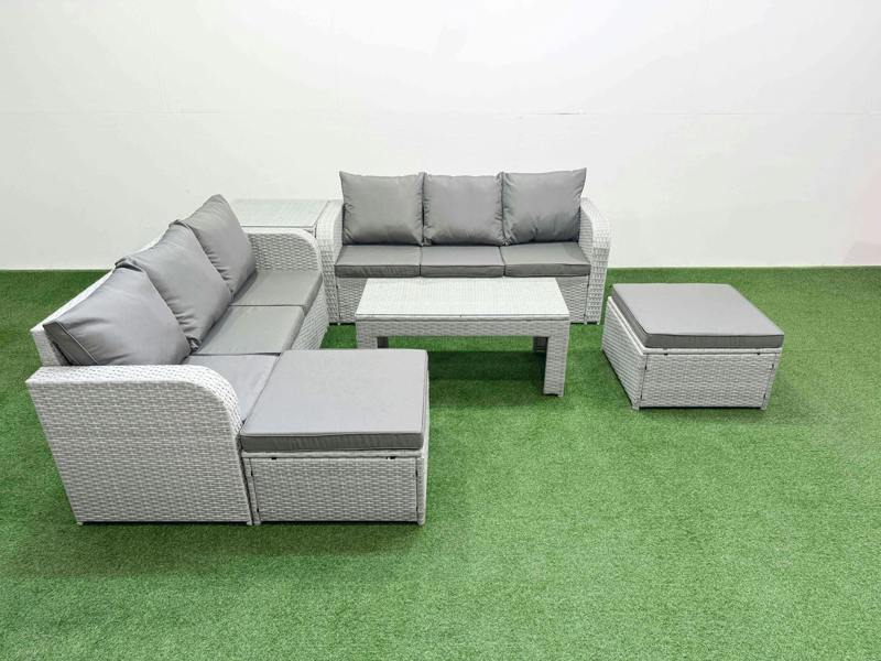 Fimous 8 Seater Rattan Patio Set, High Back Sofa, Coffee Table, 2 Big Footstools and Side Table, Light Grey